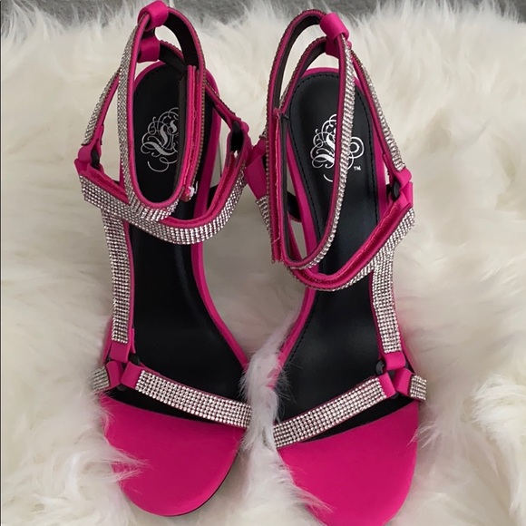 Pink Rhinestone Strappy Open Toe Metallic Heel - Picture 2 of 3